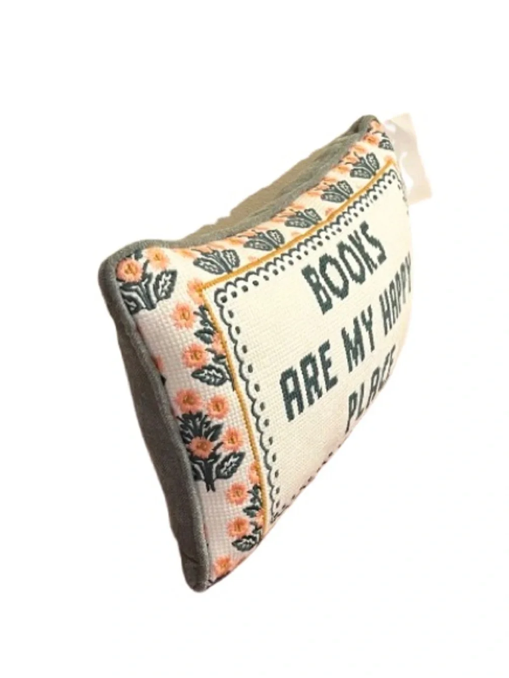 🆕- Embroidered  “BOOKS ARE MY HAPPY PLACE” Accent Pillow with Floral Border